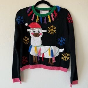 Festive Sequin Llama Tassel Snowflake Ugly Christmas Cropped Sweater Medium